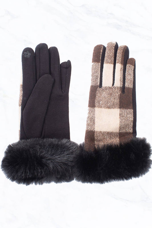 Buffalo Plaid Pattern with Furry Trim Gloves