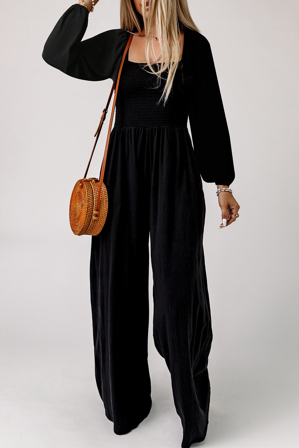 Ryleigh Smocked Square Neck Long Sleeve Wide Leg Jumpsuit-3