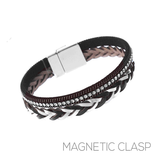 Braided Leather and Rhinestone Magnetic Bracelet