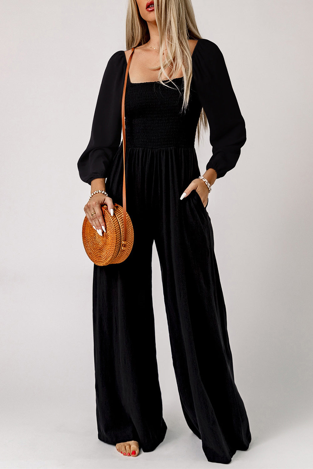 Ryleigh Smocked Square Neck Long Sleeve Wide Leg Jumpsuit-2