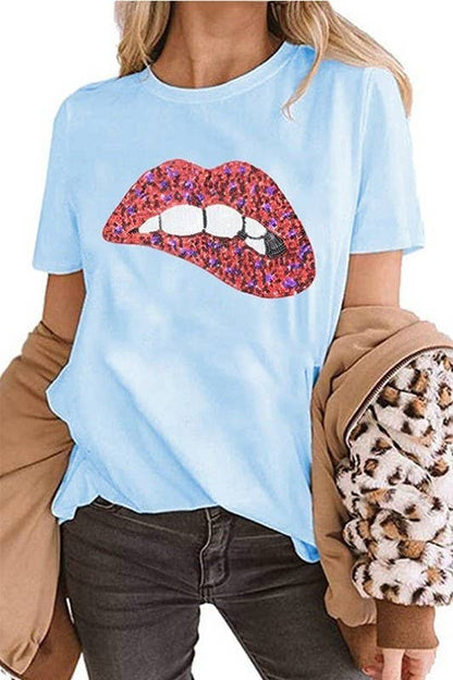 Sequins Embroidered Lips Short Sleeve T-Shirt