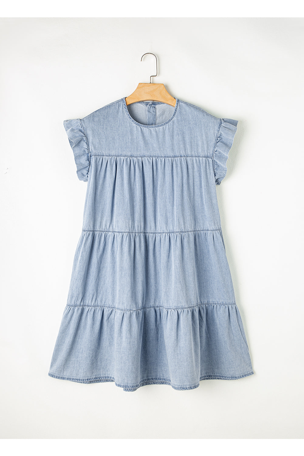 Zoey Ruffle Short Sleeve Tiered A-line Denim Dress-3