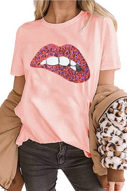 Sequins Embroidered Lips Short Sleeve T-Shirt