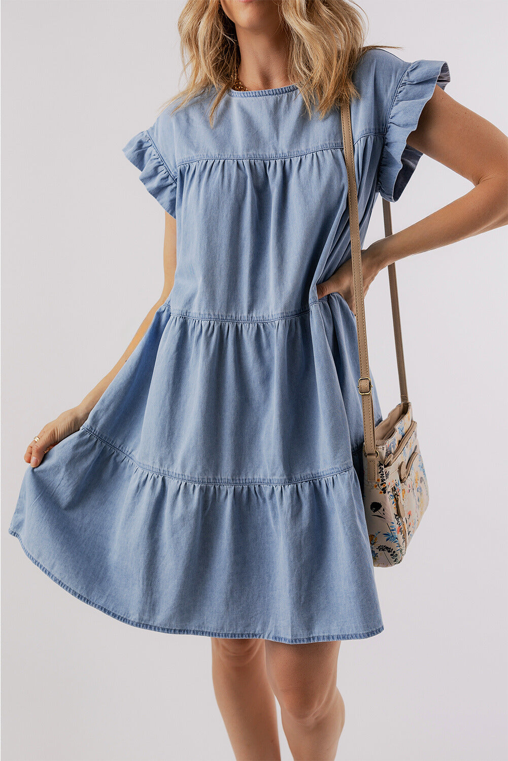 Zoey Ruffle Short Sleeve Tiered A-line Denim Dress-0