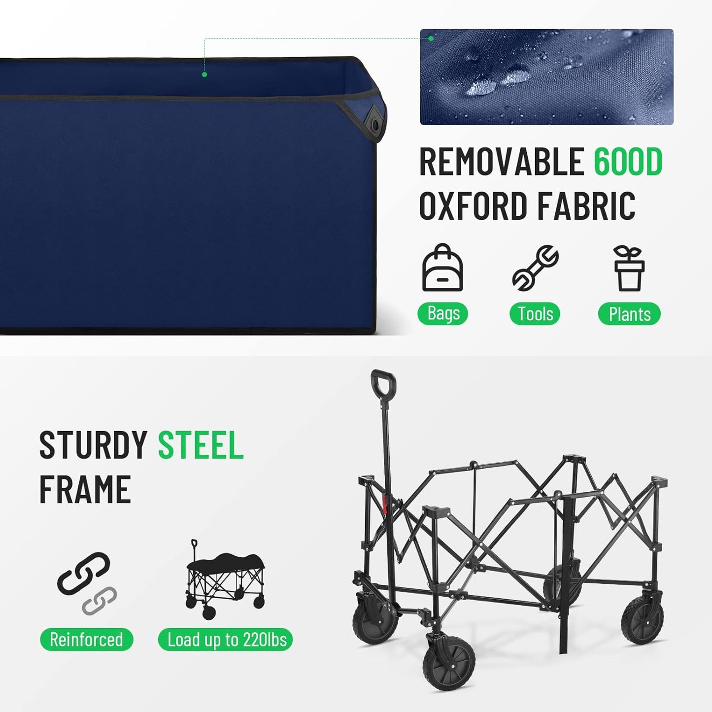 ROMISS Folding Wagon Cart Heavy Duty Collapsible Utility Wagon Outdoor Camping Garden Cart with Universal Wheels for Camping, Sports, Shopping (Dark Blue)