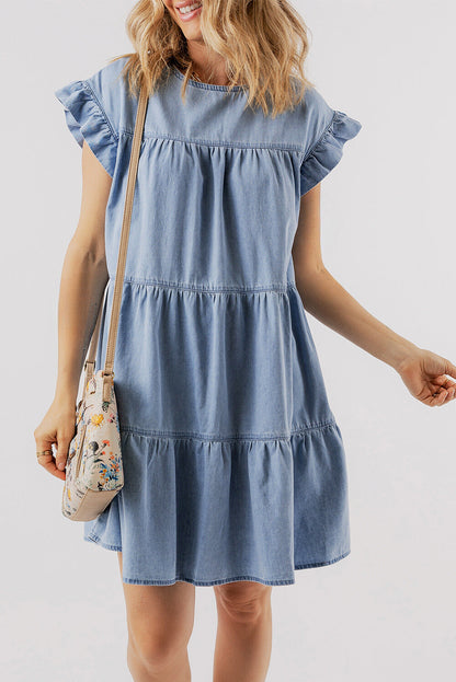 Zoey Ruffle Short Sleeve Tiered A-line Denim Dress-2