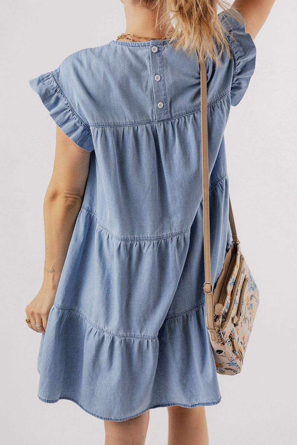 Zoey Ruffle Short Sleeve Tiered A-line Denim Dress-1