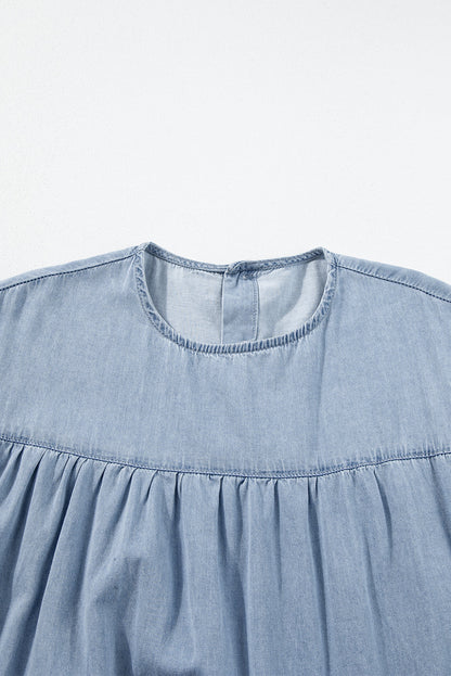 Zoey Ruffle Short Sleeve Tiered A-line Denim Dress-4