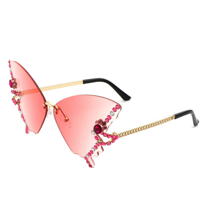 Lyrin - Rimless Oversize Rhinestone Butterfly Women Fashion Sunglasses-9