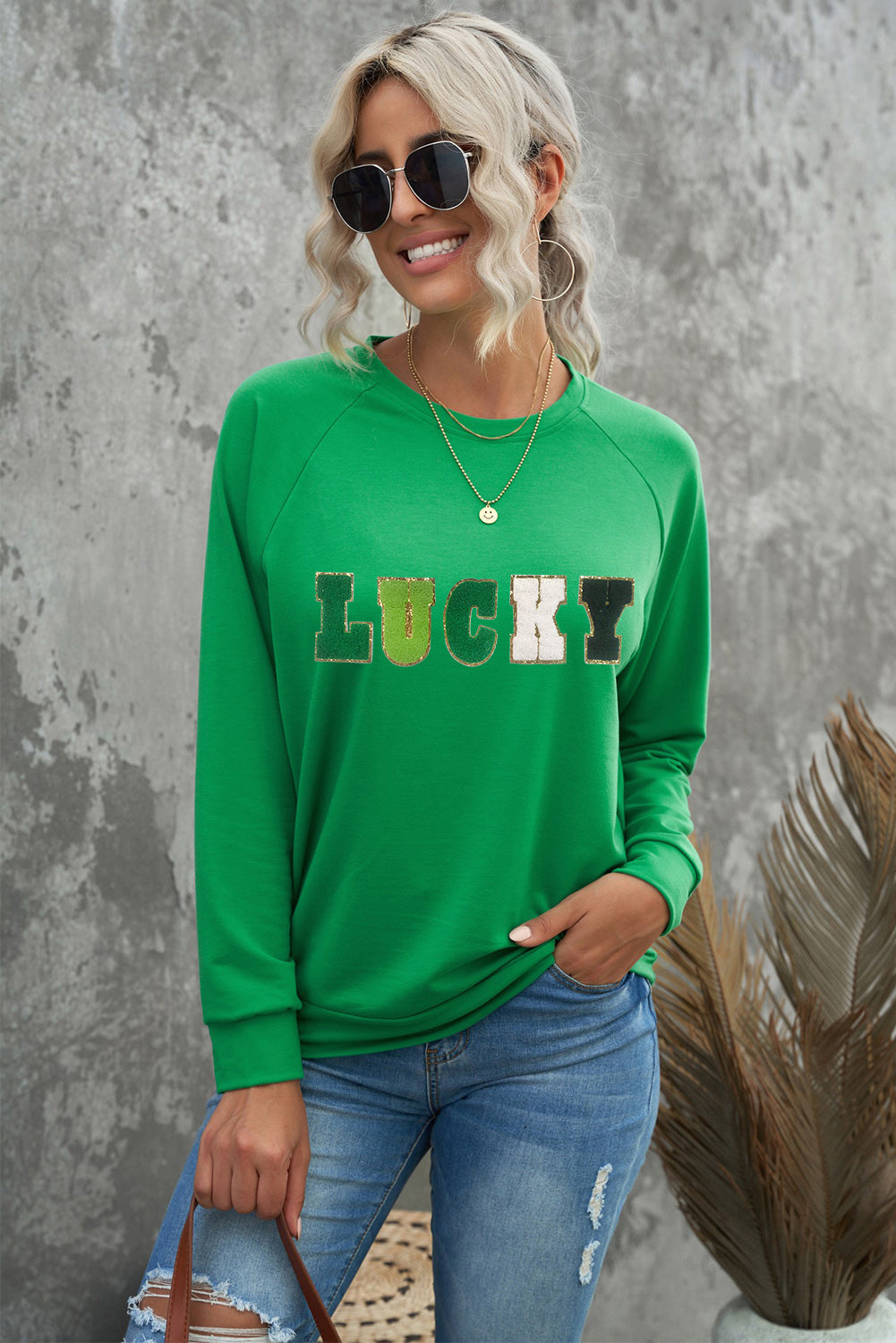 LUCKY Chenille Embroidered Graphic Sweatshirt-2