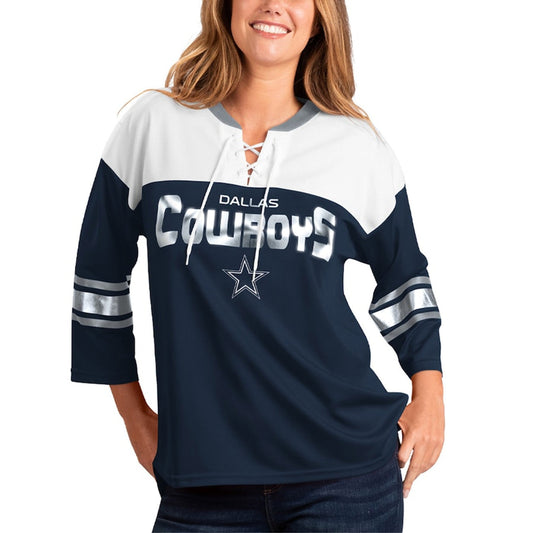 Dallas Cowboys Women's Double Team Three-Quarter Sleeve Lace-Up T-Shirt - Navy/White