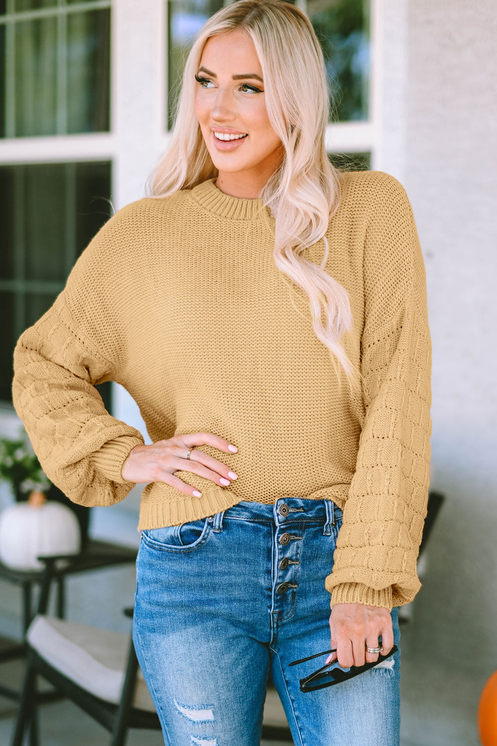 Jayla Hollowed Bubble Sleeve Knit Sweater-2