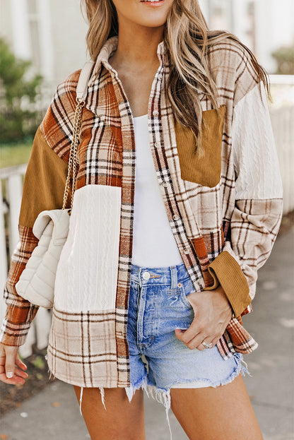 Sutton Plaid Color Block Patchwork Shirt Jacket with Pocket-0