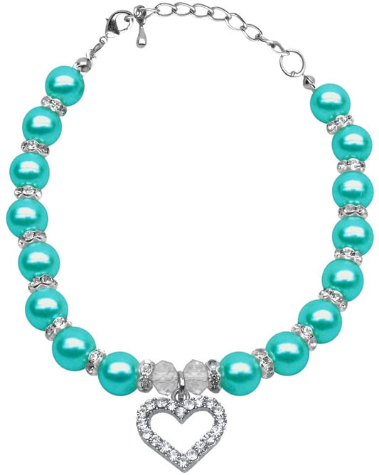 Mirage Pet Products Aqua Heart and Pearl Neckalce
