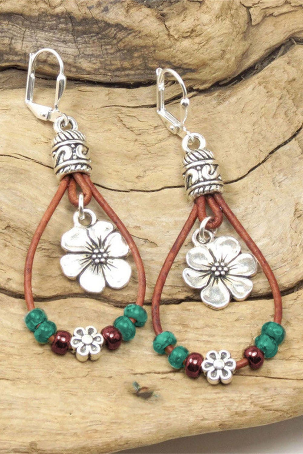 Silvery Western Leather Beaded Floral Dangle Earrings-0