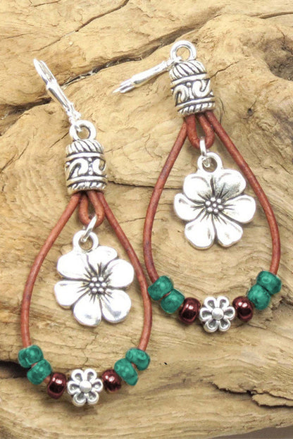 Silvery Western Leather Beaded Floral Dangle Earrings-1