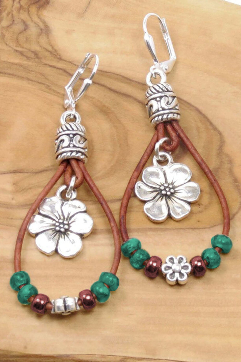 Silvery Western Leather Beaded Floral Dangle Earrings-2