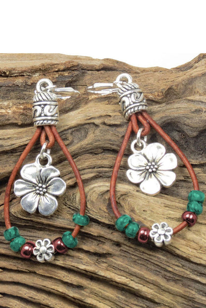 Silvery Western Leather Beaded Floral Dangle Earrings-3