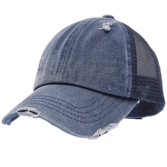 Washed Denim Criss Cross Hight Ponytail CC Cap