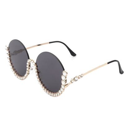 Gloriana - Women Circle Half Frame Oversize Rhinestone Fashion Round Sunglasses-4