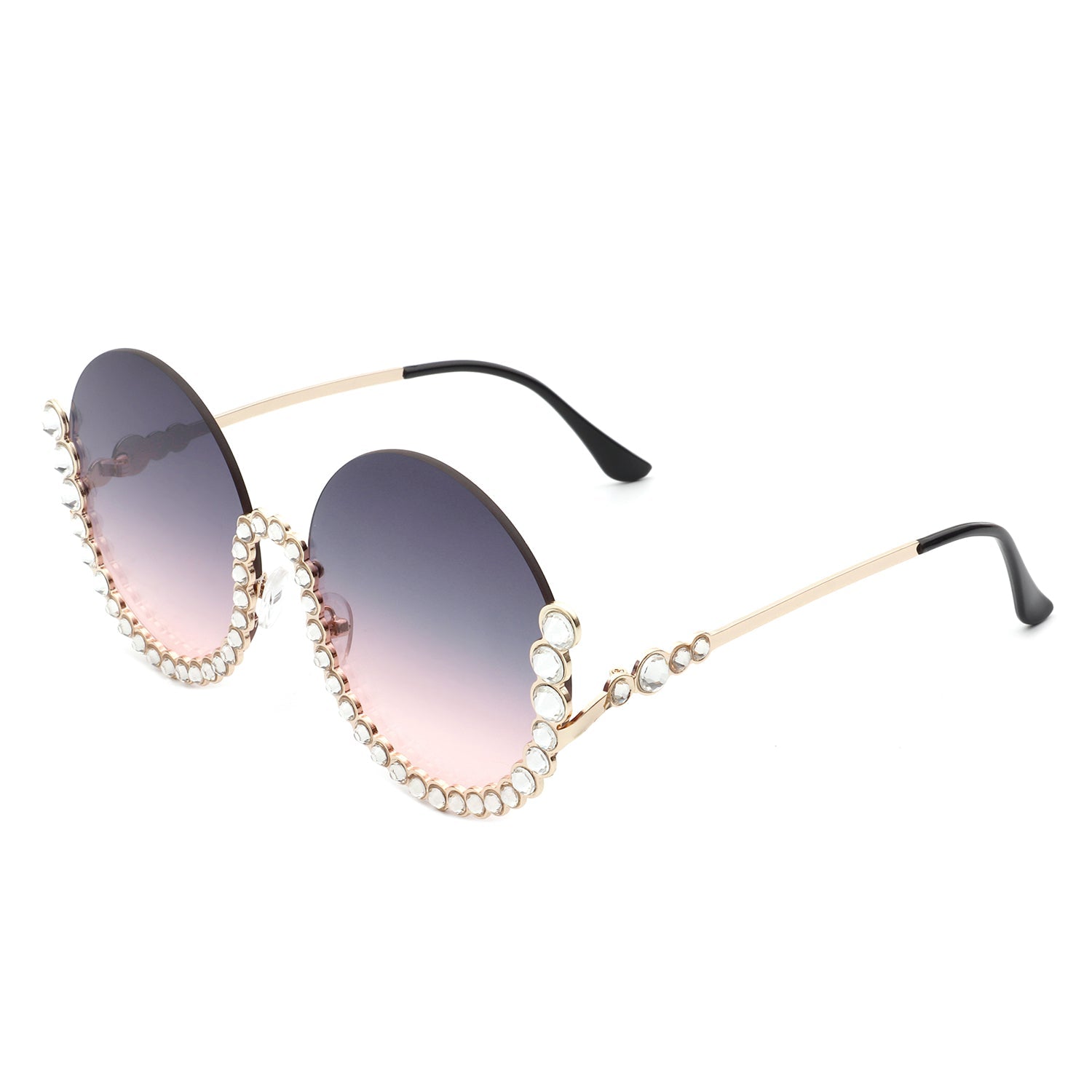 Gloriana - Women Circle Half Frame Oversize Rhinestone Fashion Round Sunglasses-2