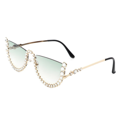 Florinda - Women Half Frame Rhinestone Round Fashion Sunglasses-7