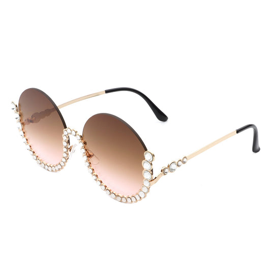 Gloriana - Women Circle Half Frame Oversize Rhinestone Fashion Round Sunglasses-0