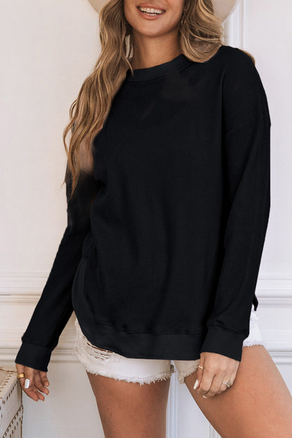 Isabelle Crew Neck Ribbed Trim Waffle Knit Top-2