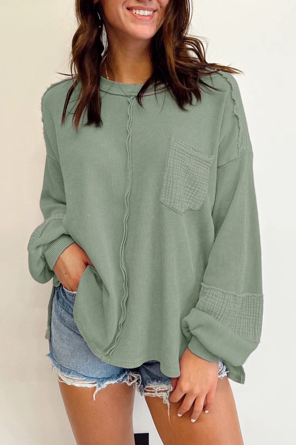 Noa Exposed Seam Patchwork Bubble Sleeve Waffle Knit Top-2