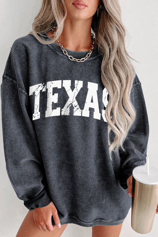 Texas Ribbed Knit Round Neck Pullover Sweatshirt-0