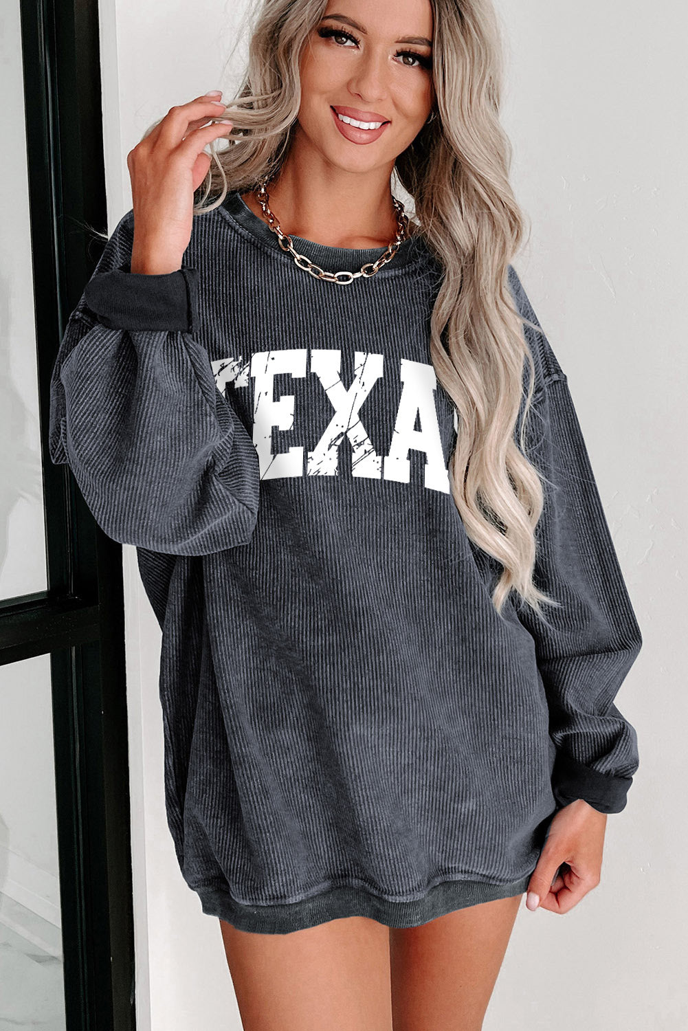 Texas Ribbed Knit Round Neck Pullover Sweatshirt-1