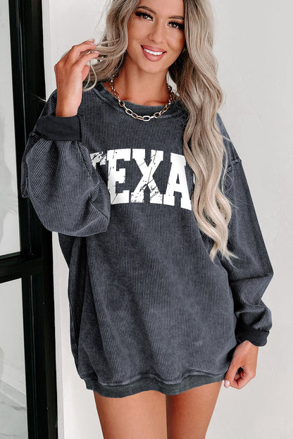 Texas Ribbed Knit Round Neck Pullover Sweatshirt-1