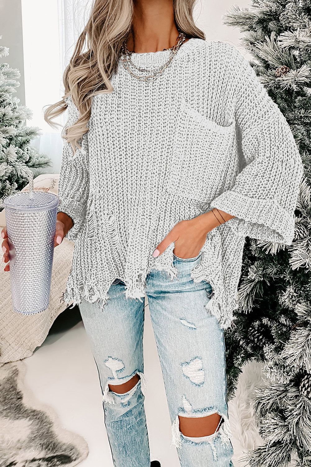 Alina Ripped Raw Hem Chunky Pullover Sweater-5