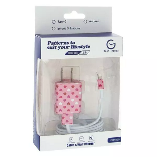 iPhone Patterned Cable and Wall Charger - Hearts