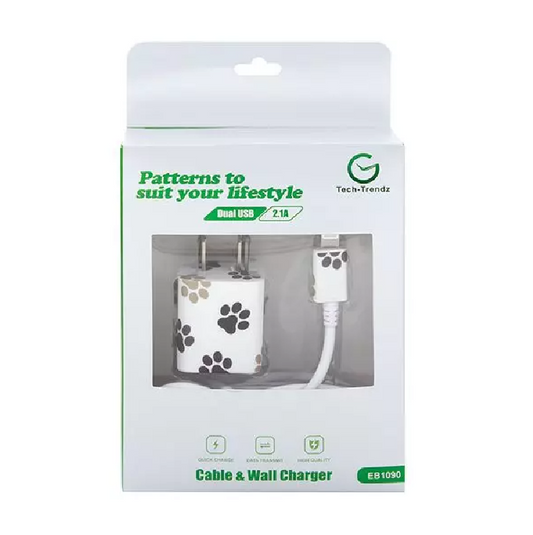 iPhone Patterned Cable and Wall Charger - Paw Print