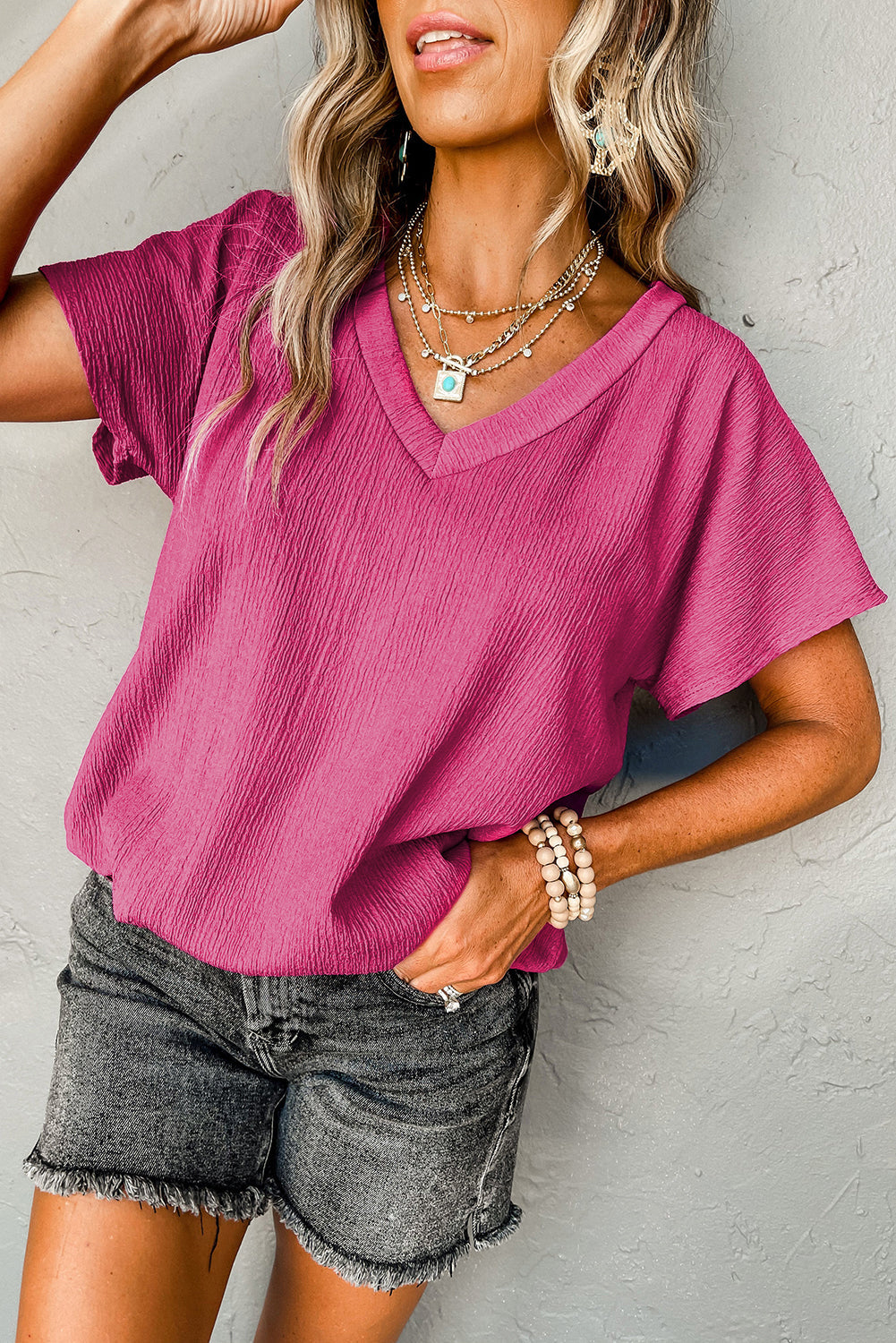 Emerson Crinkled V Neck Wide Sleeve T-shirt-2