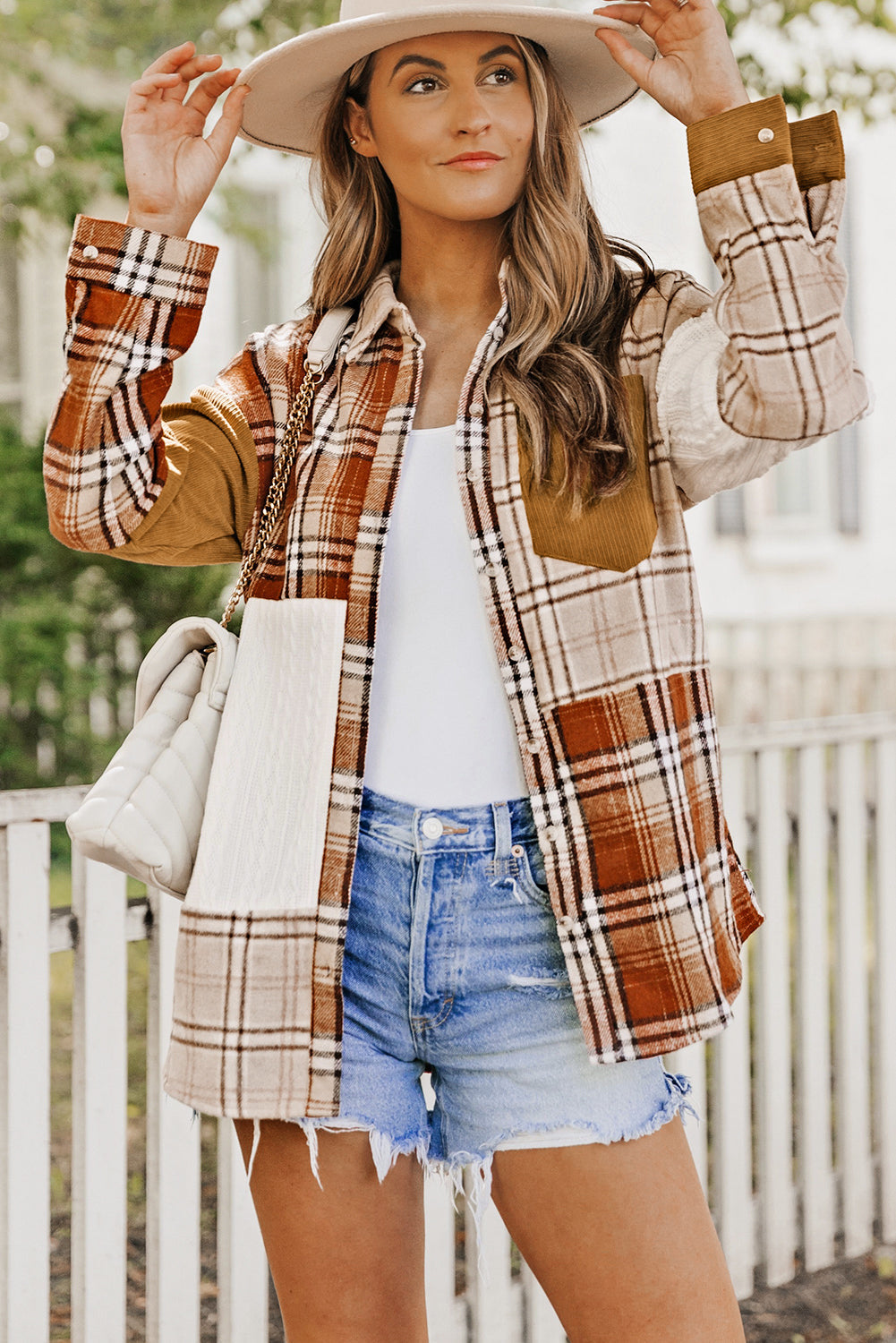 Sutton Plaid Color Block Patchwork Shirt Jacket with Pocket-4