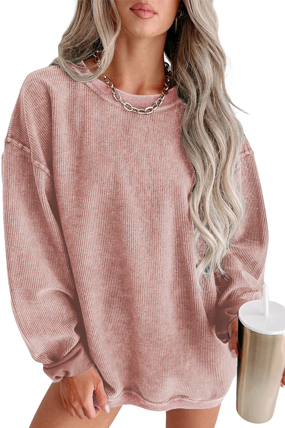 Faith Solid Ribbed Knit Round Neck Pullover Sweatshirt-7