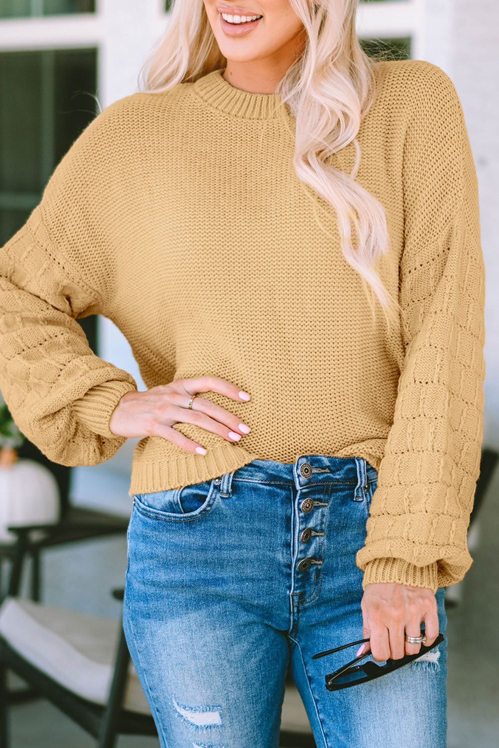 Jayla Hollowed Bubble Sleeve Knit Sweater-0