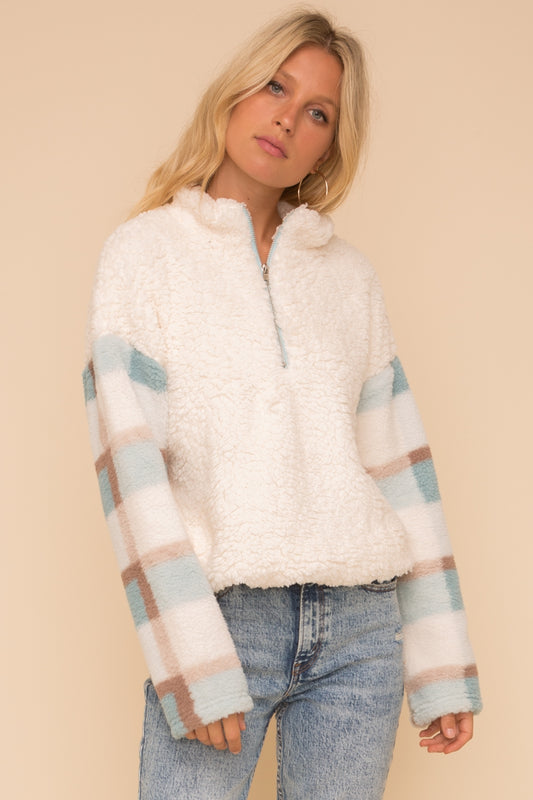 Hem & Thread Plaid Contrast Fuzzy Pullover