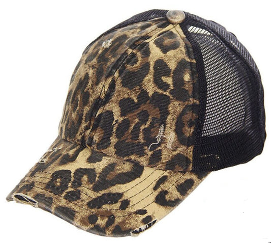 Washed Denim Leopard Criss Cross High Pony CC Ball Cap